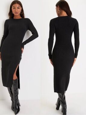 Lulus | NWT Black Long Sleeve Ribbed Midi Dress with Side Button Slit